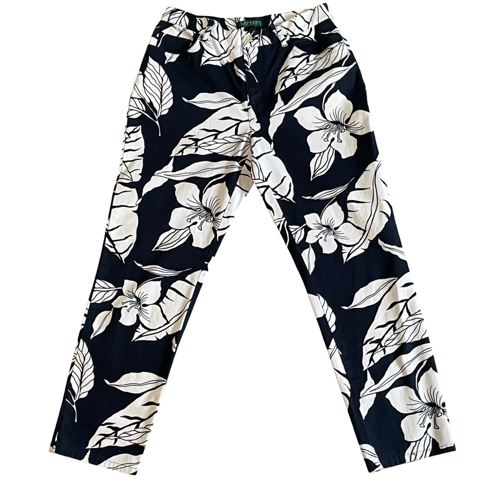 Lauren Ralph Lauren Chino Pants Womens 8P Black White‎ Floral Grannycore
